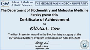 Olivia Cox certificate of achievement